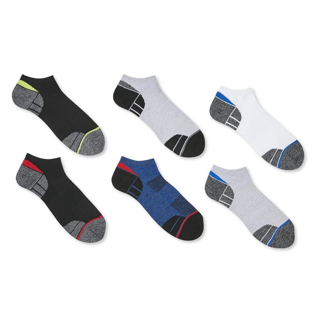 Athletic Works Men's Sport Socks 6-Pack with six low-cut knit socks in assorted colours including black with lime, grey with black, white with blue, black with red, blue with black and red, and grey with blue contrasting heel and toe sections, made from a polyester blend for stretch and comfort, ideal for athletic and casual use.