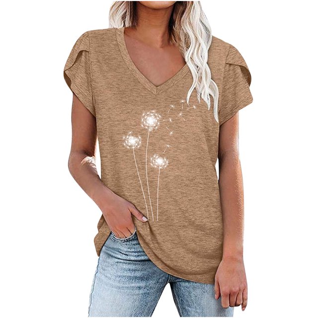 Besolor Hauts d'Été pour Femmes Manches Pétales Tendance Chemises Imprimées Manches Courtes Col Rond Décontracté Blouse Tee
