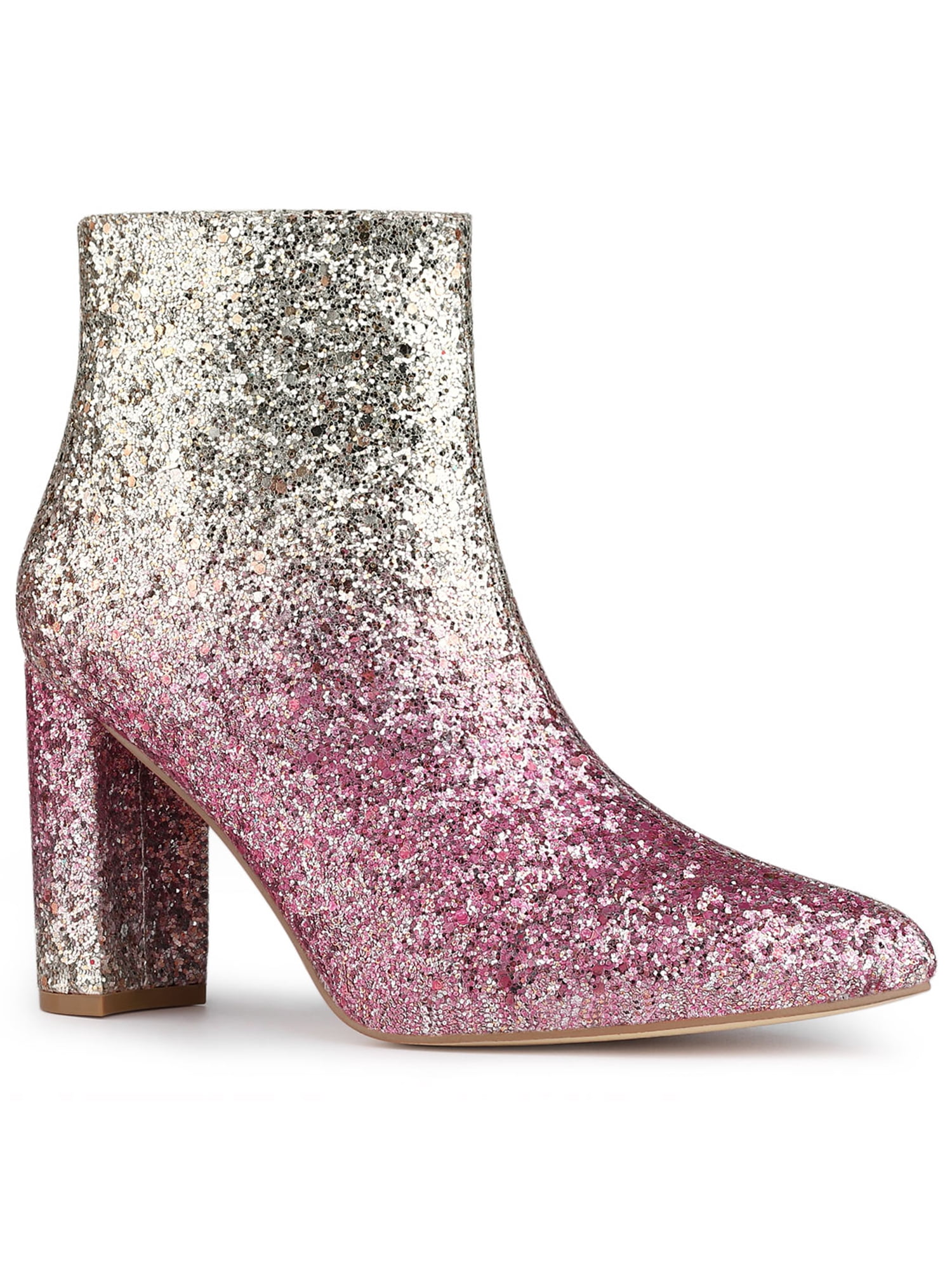 Unique Bargains Women's Glitter Pointed Toe Block Heeled Ankle Chelsea Boots
