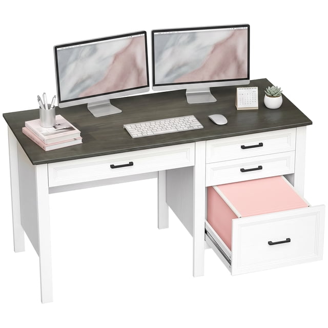 HOMCOM 54" Farmhouse Executive Desk, Computer Desk with Drawers, White