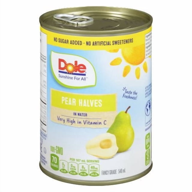 Moitiés de Poire dans l'Eau par Dole, Fruits en Conserve de 540 ml Sans Sucre Ajouté et Sans Édulcorants Artificiels, avec une Étiquette avec une Poire Verte et une Demi-Illustration de Poire, Très Riches en Vitamine C, non-OGM, 70 calories par Portion de 167 ml, Idéal pour le Rangement des Aliments du Garde-Manger et des Collations Santé.
