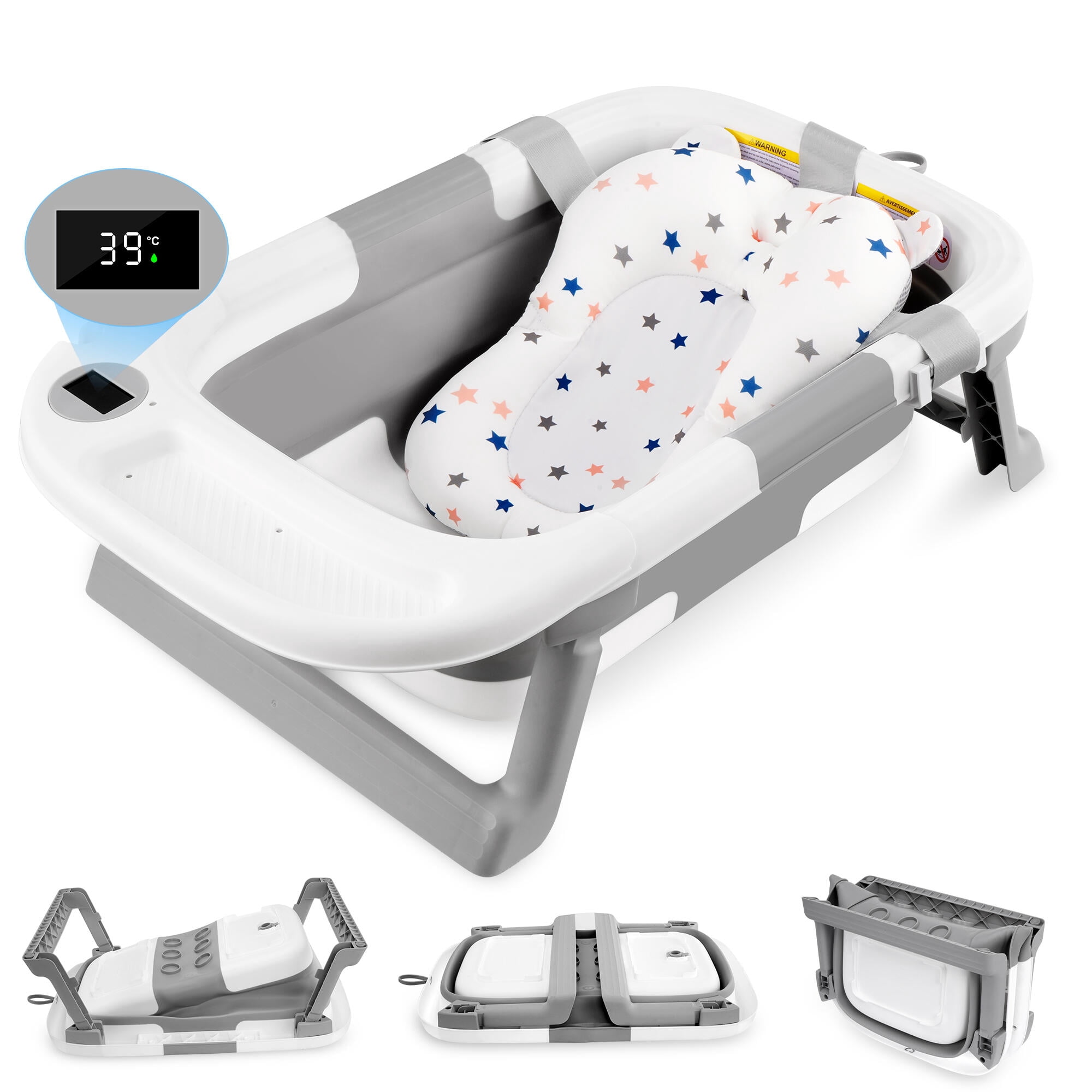 Foldable Baby Bath Tub with Soft Support Cushion & Temperature Sensor, Anti-Slip Portable Travel Bathtub Shower Basin (59x40x20cm,Grey)