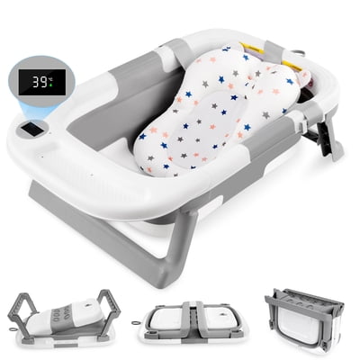 Baignoire pour Bébé Pliable avec Coussin de Soutien Doux et Capteur de Température, Baignoire/douche de Voyage Antidérapante et Portable (59x40x20 cm, Gris)