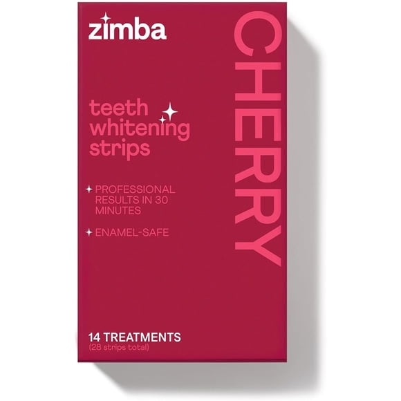 Zimba Bandes de Blanchiment des Dents Aromatisées à la Cerise / Végétalien, Blanchisseur de Dents au Peroxyde d'Hydrogène Sécuritaire pour l'Émail pour Café, Vin, Tabac et Autres Taches / Traitement de 14 Jours / Cerise