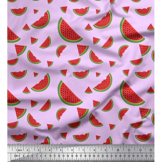 Soimoi Purple polyester Crepe Fabric Watermelon Fruits Print Fabric by Yard 52 Inch Wide