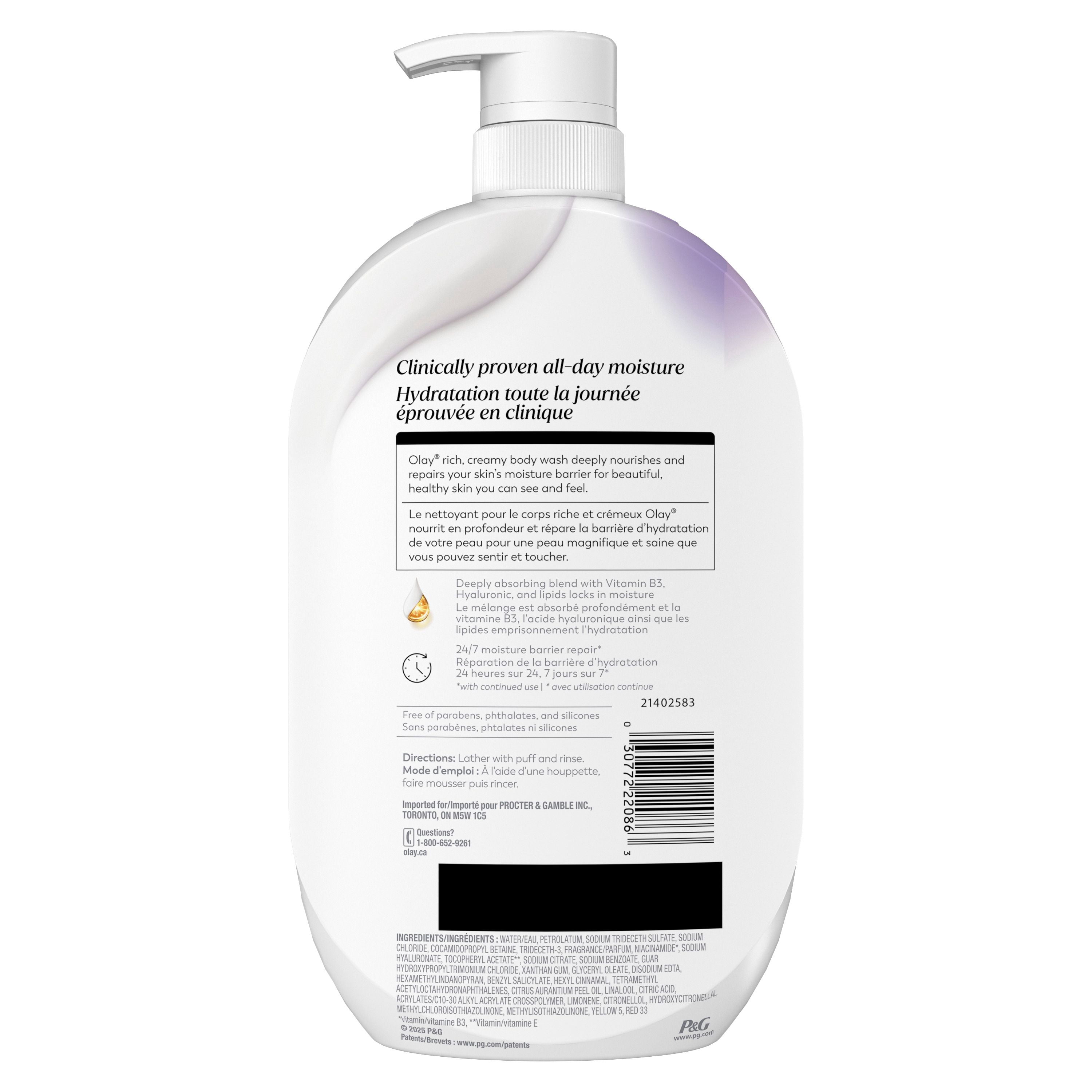 Nettoyant pour le corps Défi au temps Olay Ultra hydratant avec vitamine E, vitamine B3 et mélange hyaluronique, 1 035 mL