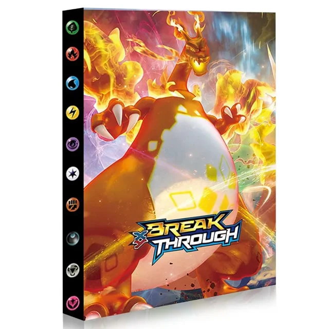 Trading Card Binder, 9 Pocket Card Storage Collector Holder Binder Fits 432 Cards (JJK7) featuring a vibrant cover design with a fiery dragon illustration and the text 'Break Through.' The binder has 24 pages with 9 pockets per page, accommodating up to 432 cards. Made from durable polypropylene material, it offers multi-layer protection, is waterproof, and is suitable for trading cards, baseball cards, football cards, MTG cards, and Yu-Gi-Oh cards. Compact and easy to carry, it also doubles as a photo album.