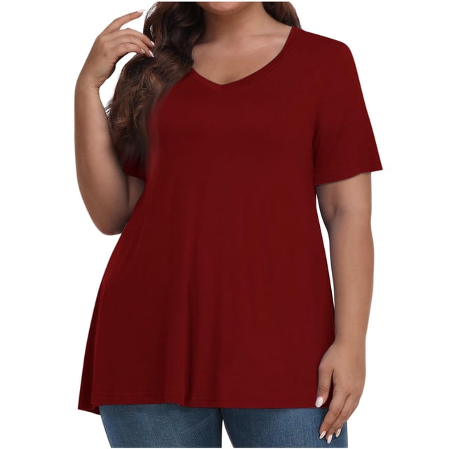 Timegard Womens Summer Tops Plus Size V-Neck Short Sleeve Comfy Long Tops Basic Tee Casual Loose Blouse