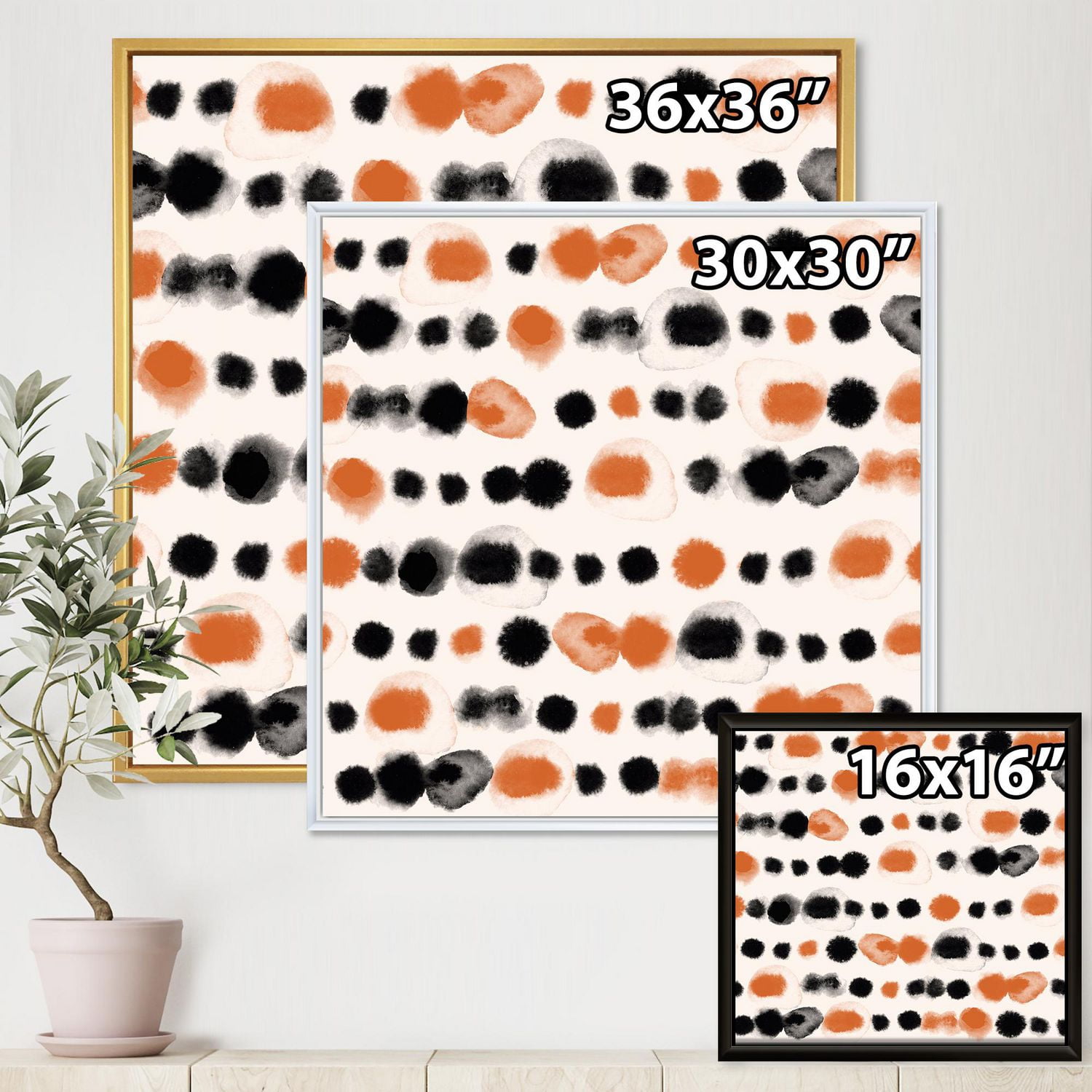 Designart Pois noirs et orange ART MURAL À CADRE FLOTTÉ