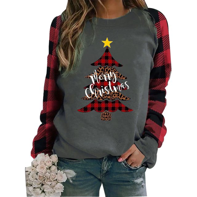 xiaxaixu Women Christmas Printed T-shirt, Long Sleeve Patchwork Pullover Tops