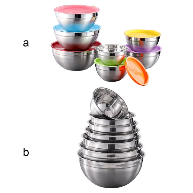 7X Mixing Bowls Salad Bowl Mirror Finish Rice Snack Bowl Set Heating Cereal Food Storage Basin Kitchen Dining Cooking Tableware White Lid