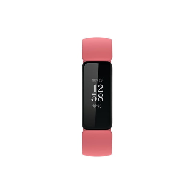 Fitbit Inspire 2 Fitness Tracker with a slim black rectangular screen displaying time, date, and heart rate, paired with a soft pink silicone band, ideal for continuous heart rate and activity tracking in wearable technology.
