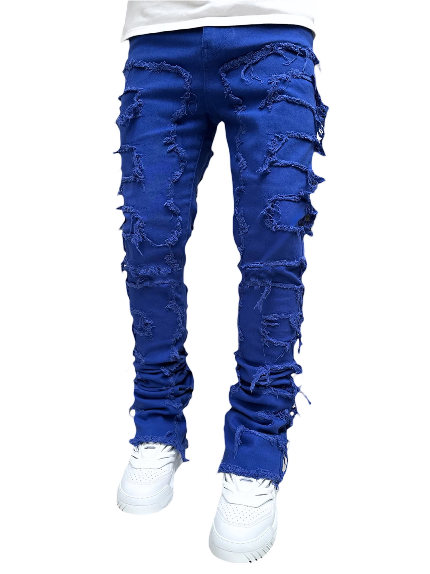 Fortune Men's Straight Leg Jeans Stacked Denim Jeans Ripped Distressed Destroyed Biker Jean Washed Denim Pants Streetwear Clothes