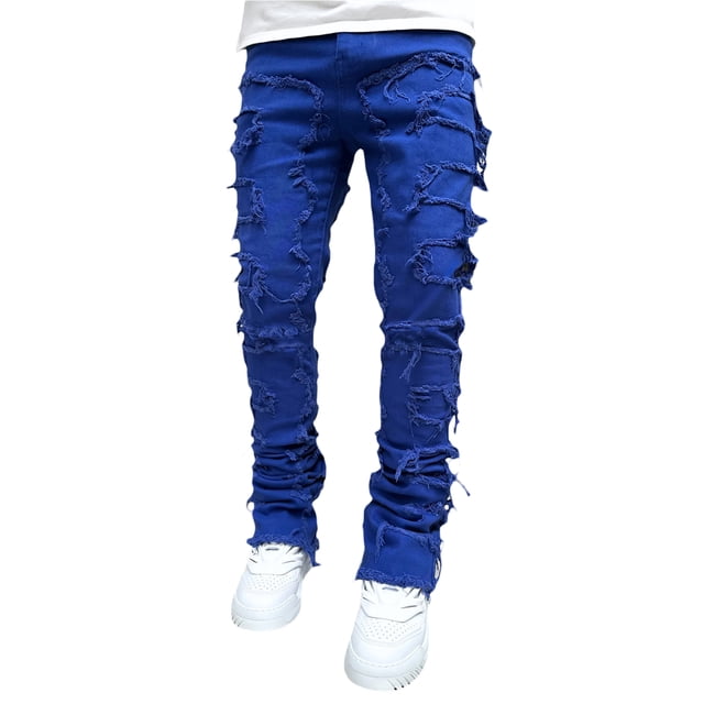 Fortune Men's Straight Leg Jeans Stacked Denim Jeans Ripped Distressed Destroyed Biker Jean Washed Denim Pants Streetwear Clothes