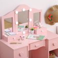 thumbnail image 3 of Kids Vanity Table Set with Light, Tri-Folding Mirror, 5 Drawers and Square Stool, Wood Makeup Desk Dressing Table with Open Storage Shelves and Detachable Top, 3 of 6