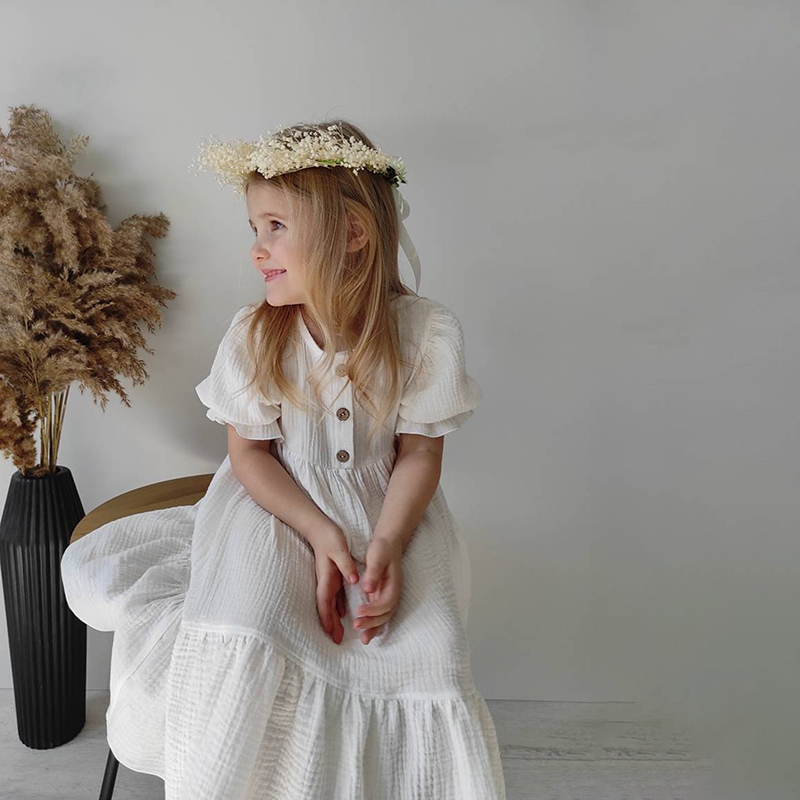 Cottagecore Girl Double Gauze Dresses Boho Flower Girl Dress Organic Baby Clothes Muslin Toddler White Baptism Outfit 80-130