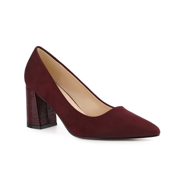BLISSFUL STEP Women's Shoes Pointy Toe Slip-on Faux Suede Block Heel Pumps Burgundy 7