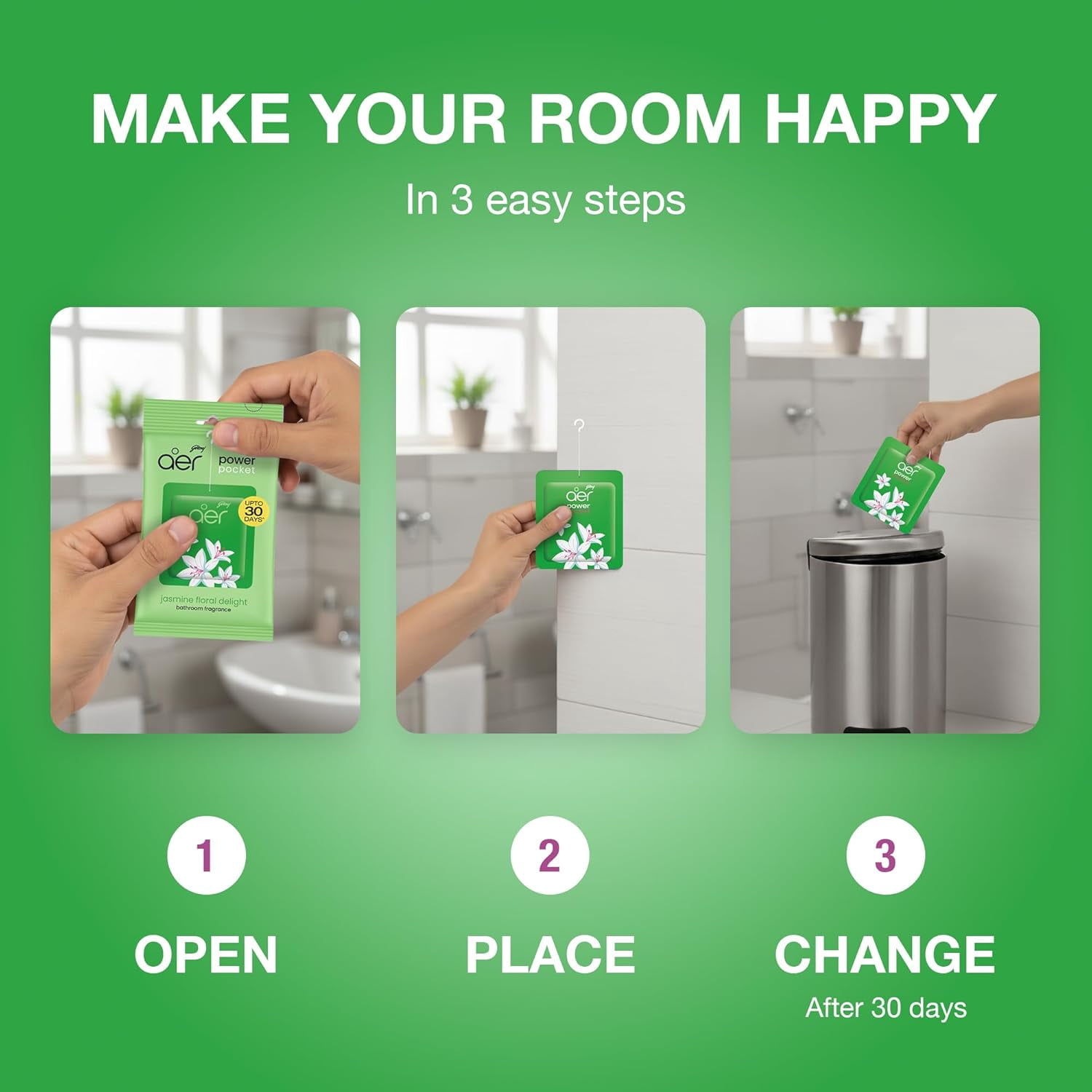 Godrej Aer Power Pocket Jasmin Floral Delight Bathroom Freshener 10 g, Lasts Upto 30 Days, Air Freshener for Bathroom