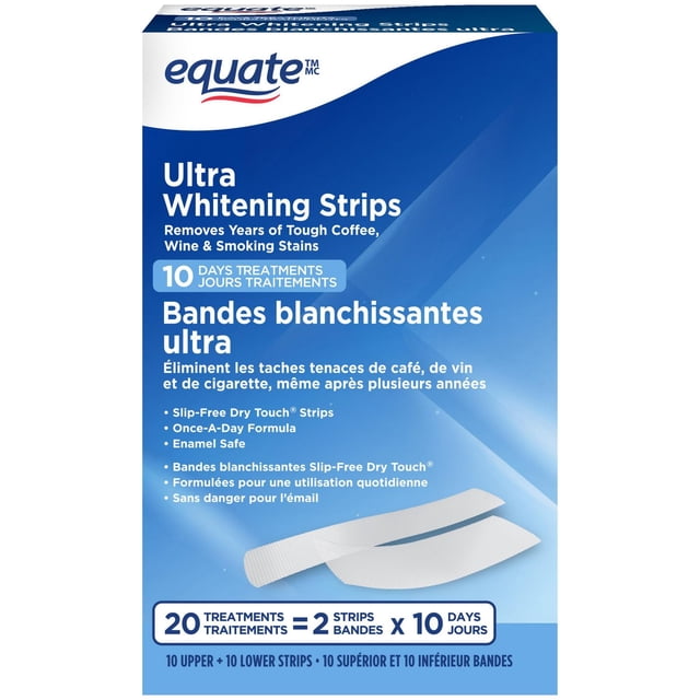 Equate Ultra Whitening Strips 10 Days Treatments box with 20 enamel-safe whitening strips featuring slip-free dry touch and once-a-day formula for upper and lower teeth, removing tough coffee, wine, and smoking stains safely over 10 days.