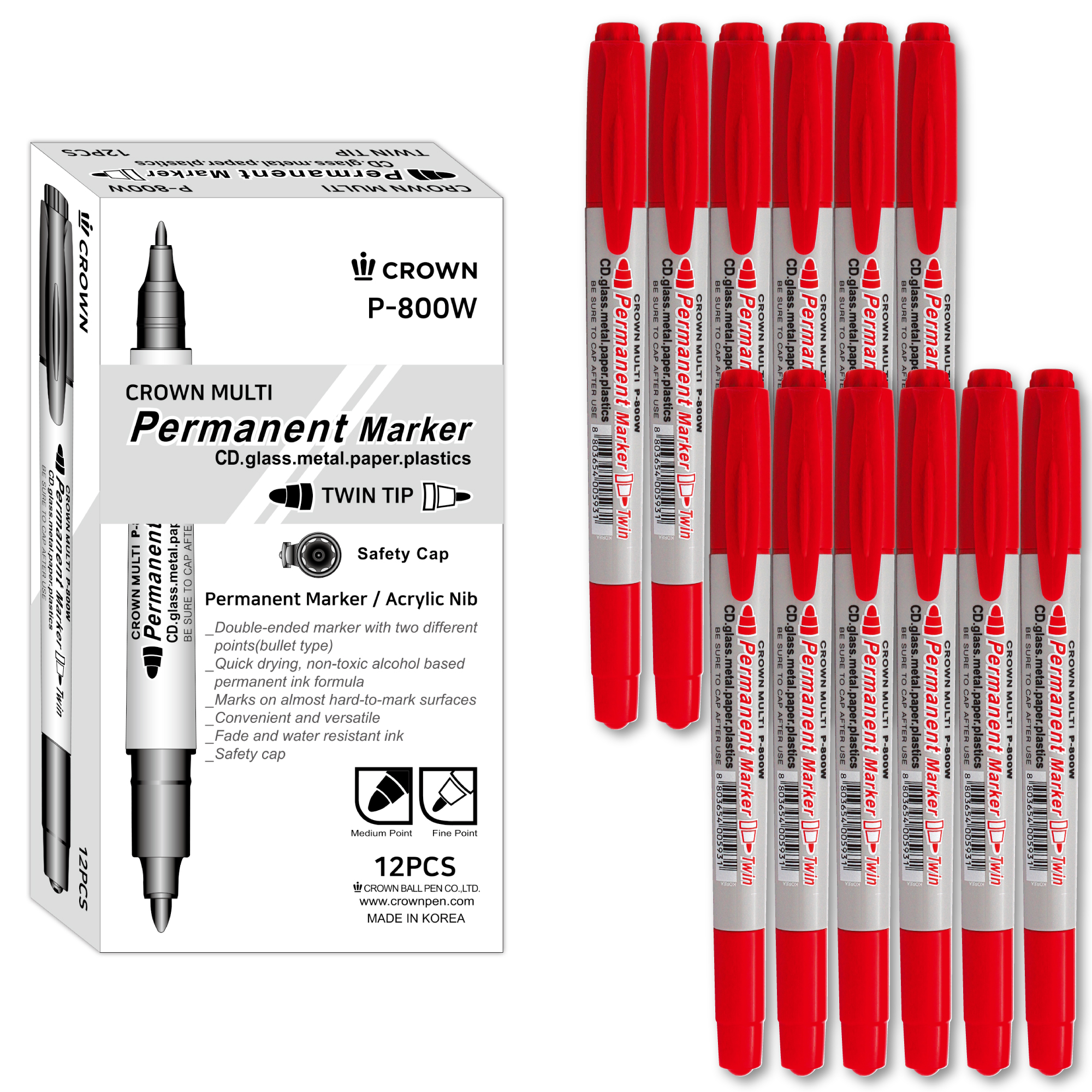 [Crown] Permanent Twin Tip Markers M, Red, Bullet Twin Tip, 12 Count