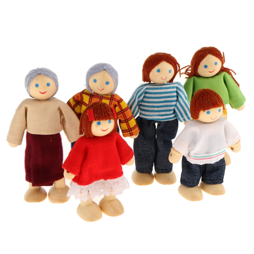 Famille De Poupées En Bois 9 Pièces – 7 Personnages + 2 Chiens – Maison De Poupée – Jeu De Rôle – Dès 3 Ans