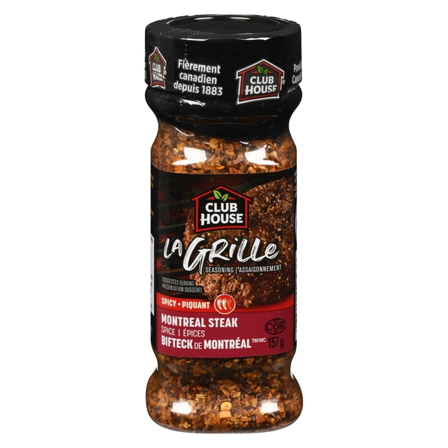 Club House La Grille Montreal Steak Spice Seasoning in a 157 g clear plastic bottle with black cap, containing a coarse blend of garlic, cayenne, and black pepper. This spicy seasoning is suitable for steaks, burgers, and pork before grilling.