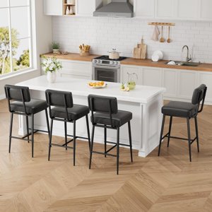 Bar Stools Set of 4, Faux Leather Counter Height Bar Stool with Back, Metal Legs, Modern Upholstered Barstool Chairs for Island, Counter Bar, Kitchen, Black
