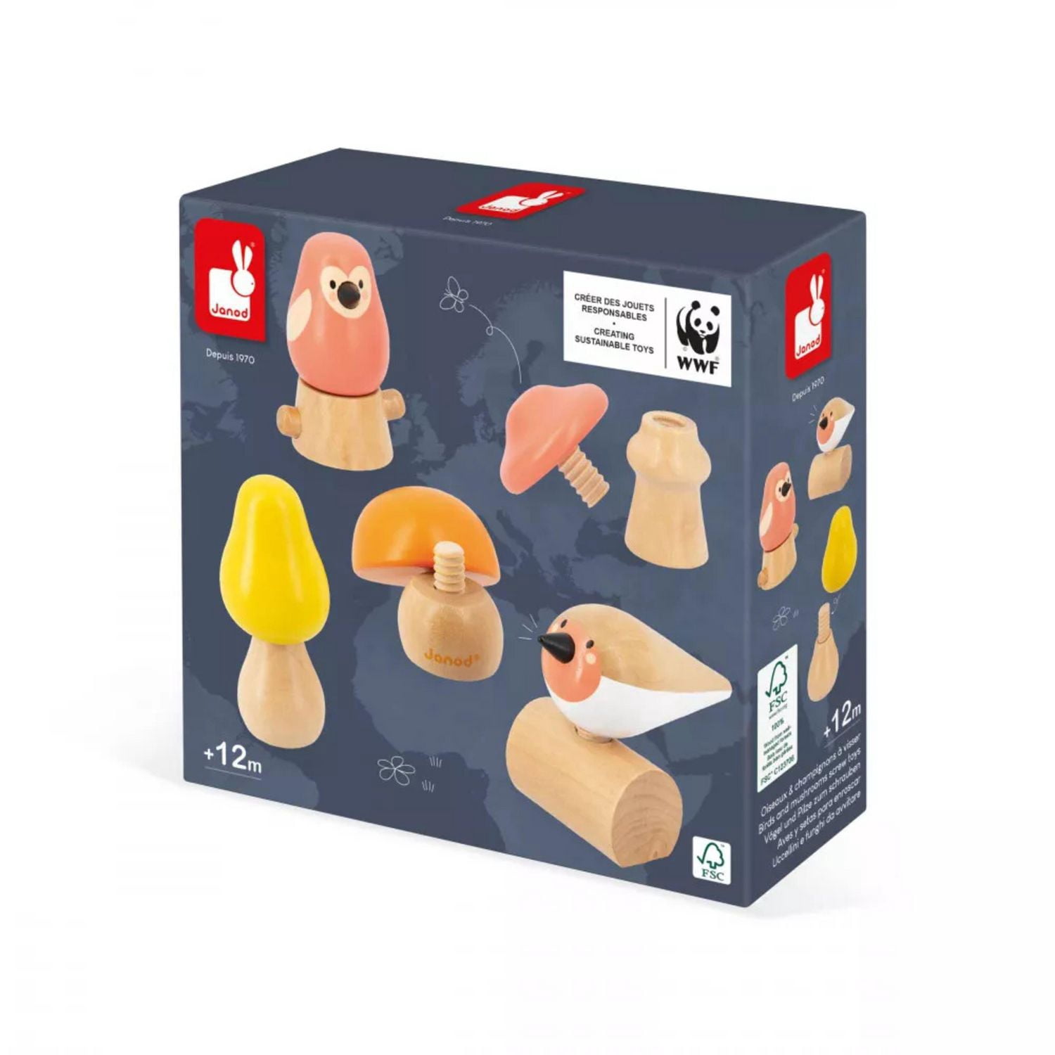 Janod - Oiseaux et Champignons à Visser - Jouet de Construction et d'Empilage - Jeu de Manipulation et de Préhension - Bois - Éveil Précoce - Pour Bébés et Tout-Petits - Dès 18 Mois - J08643