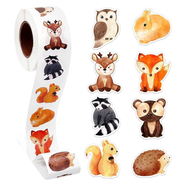Meitianfacai Forest Rabbit Stickers 500pcs Kids Sticker Roll featuring 8 cute animal patterns, including foxes, owls, rabbits, and raccoons. The multicolour stickers are shaped and come on a roll, suitable for decorating water bottles, notebooks, cards, and more. Ideal for kids' crafts, party favours, and gifts.