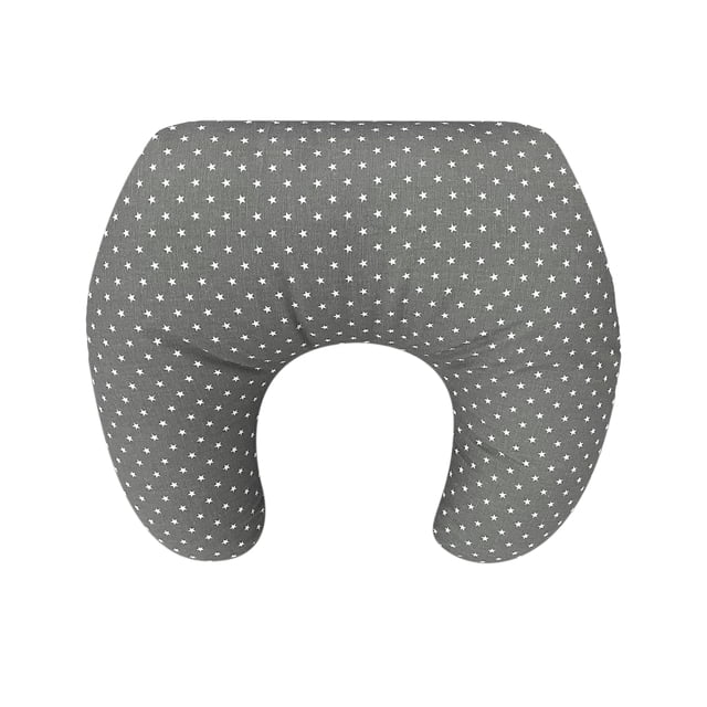 Ara Enfants Oreiller d'Allaitement Gris et Blanc à Étoiles avec design Ergonomique en U. l'Oreiller Mesure Environ 22 x 19 x 6 Pouces et Présente un Tissu Doux avec un Motif d'Étoiles. Idéal pour l'Allaitement, l'Alimentation au Biberon et le Soutien du Temps sur le Ventre. Fabriqué au Canada.