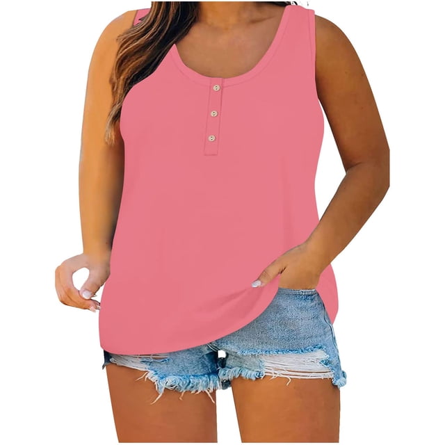 Timegard Tank Tops for Women Plus Size Round Neck Button Sleeveless Comfy Casual Loose Tops Basic Tee