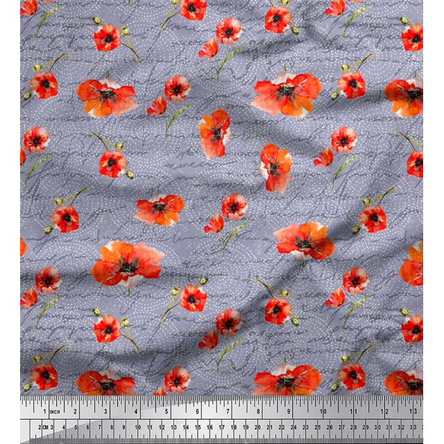 Soimoi Grey Rayon Fabric Text & Poppy Floral Decor Fabric Printed Yard 42 Inch Wide
