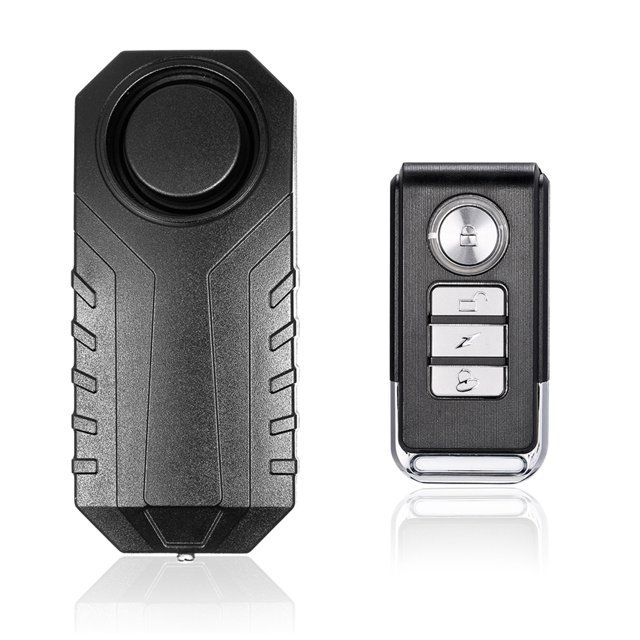 Yeacher Bicycle/ Electric Tricycle/ Door/ Window Vibration Alarm Intelligent Anti-theft Alarm Wireless Remote Control. Designed for bike components and electric bike conversion kits, this alarm features a black PC material shell with IP55 waterproof rating, a loudspeaker with 113dB alarm volume, and adjustable sensitivity levels. Includes a wireless remote control with lock, unlock, and alarm buttons, powered by 1*12V 27A battery. Suitable for outdoor use and vehicle security.