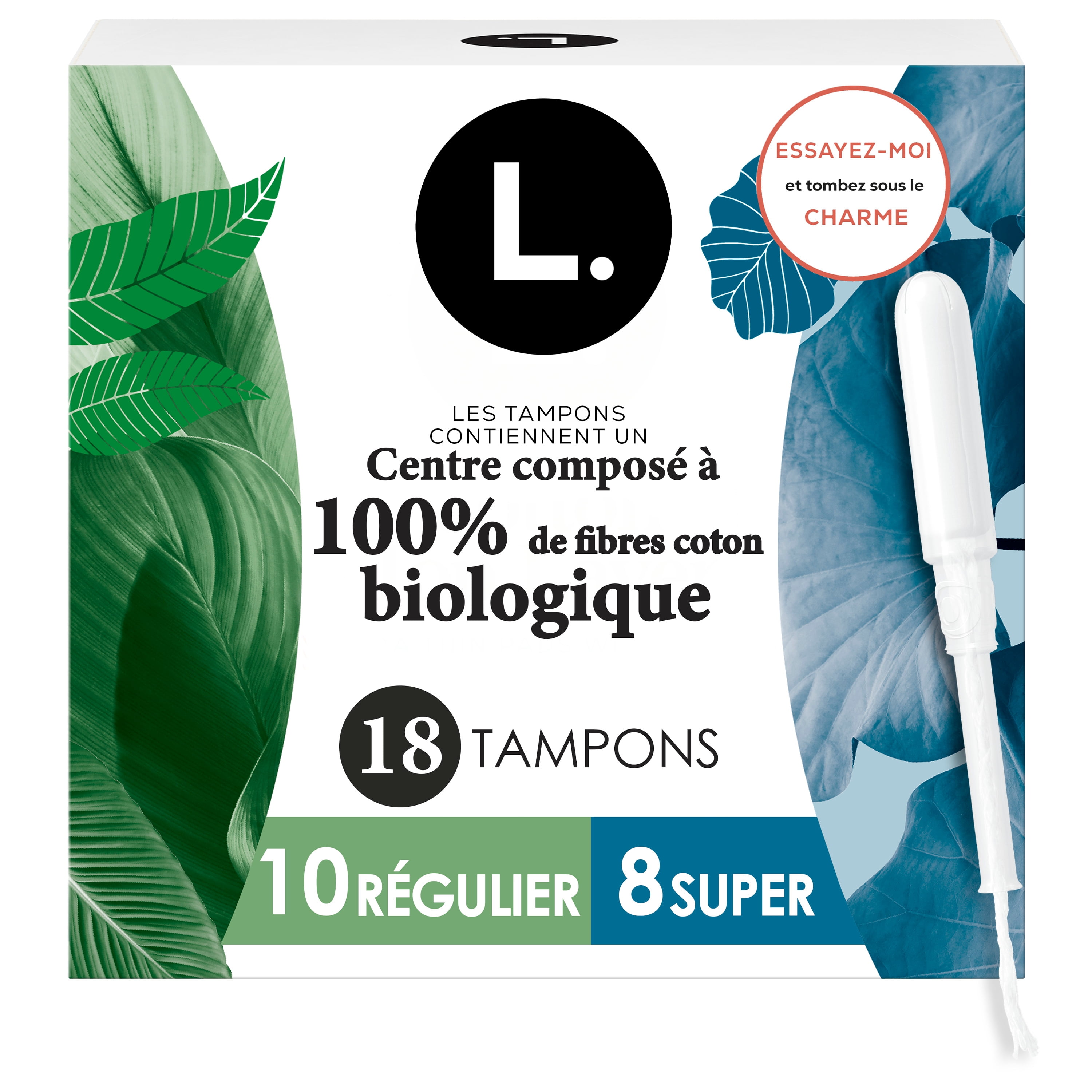 Tampons L., fabriqués à partir de coton biologique, degré d’absorption régulier/super, emballage multiple, sans pesticides synthétiques, rayonne ni parfums, 18 U