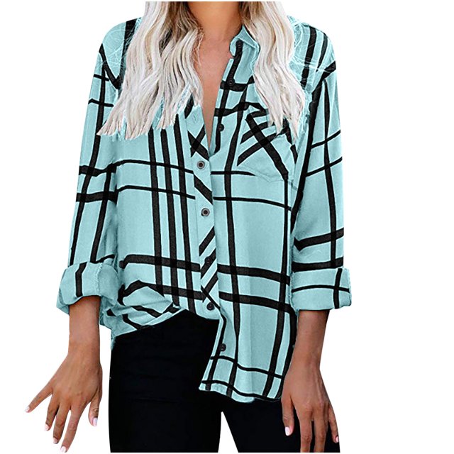 IROINID Hauts Réduits pour Femmes Grande Taille, Haut de Détente à Col à Revers, Ample, Boutonné, Manches Longues, Blouse à Carreaux, Bleu