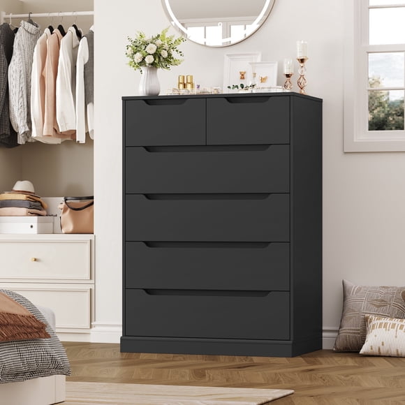 Homfa 6 Drawer Black Dresser, 43.3" H Wood Storage Cabinet with Upgraded Stable Base Vertical Chest for Bedroom Living Room