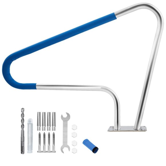 GARVEE Main Courante de Piscine 39"x32 Pouces, Acier Inoxydable Capacité 375lbs Argent Antirouille avec Couverture Bleue