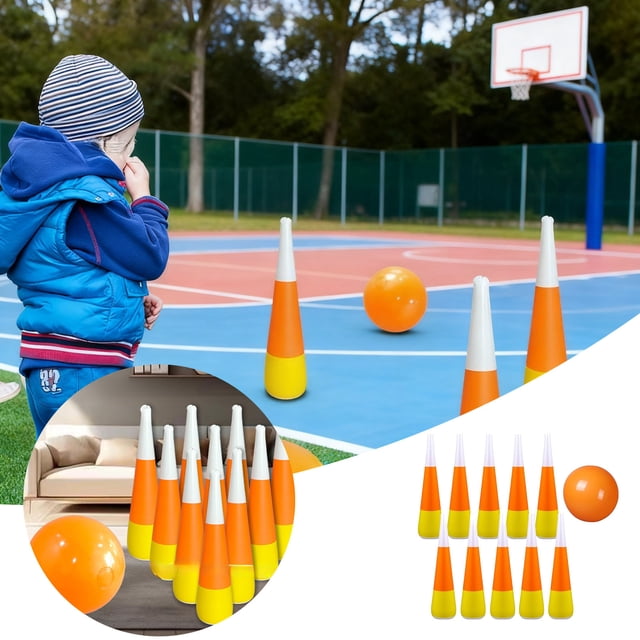 Candy Corn Themed Inflatable Bowling Set for Halloween and Fall Festival Party Games with Large Pins