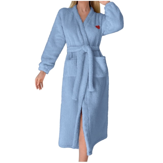 Penkiiy Womens Robe Long Hooded Button Bathrobes Cute Housecoat Soft Warm Robes For Women M Light Blue