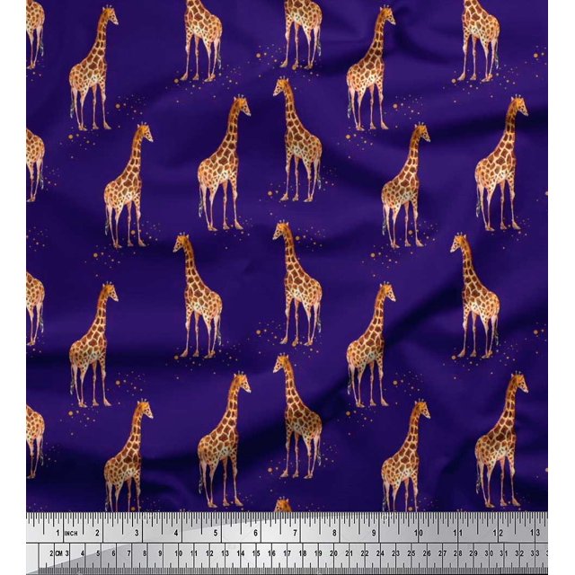 Soimoi Blue polyester Crepe Fabric Dot & Giraffe Animal Print Fabric by Yard 42 Inch Wide