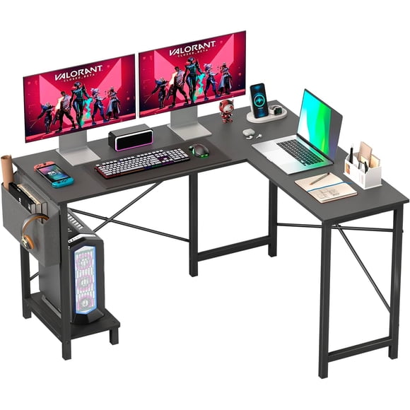 FDW Bureau d'Ordinateur en L de 50 Pouces, Bureau de Jeu avec Cadre Métallique Durable, Bureau d'Angle avec Sac de Rangement Latéral et Support pour CPU pour Bureau à Domicile, Jeu et Étude, Noir