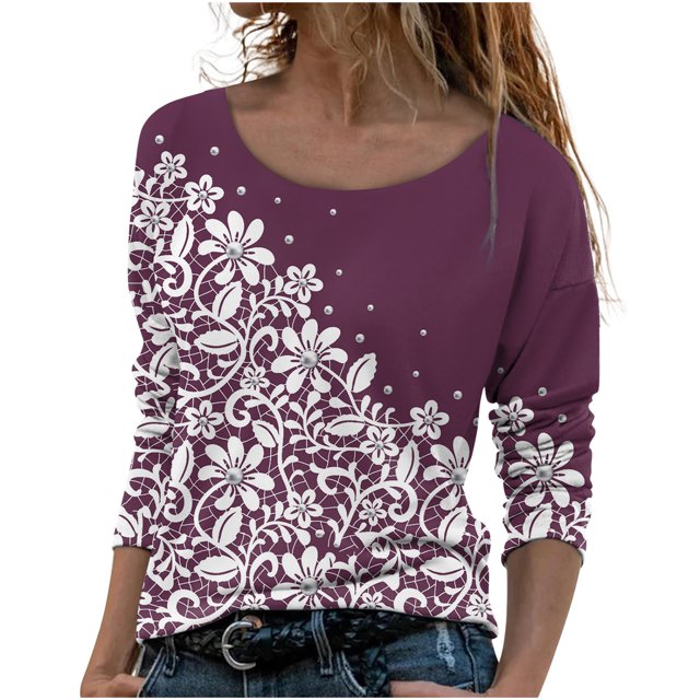 Machine d'Impression de T-Shirts Mode Femmes Décontracté Impression Col Rond Manches Longues T-Shirt Ample Blouse d'Automne Chandail Hauts