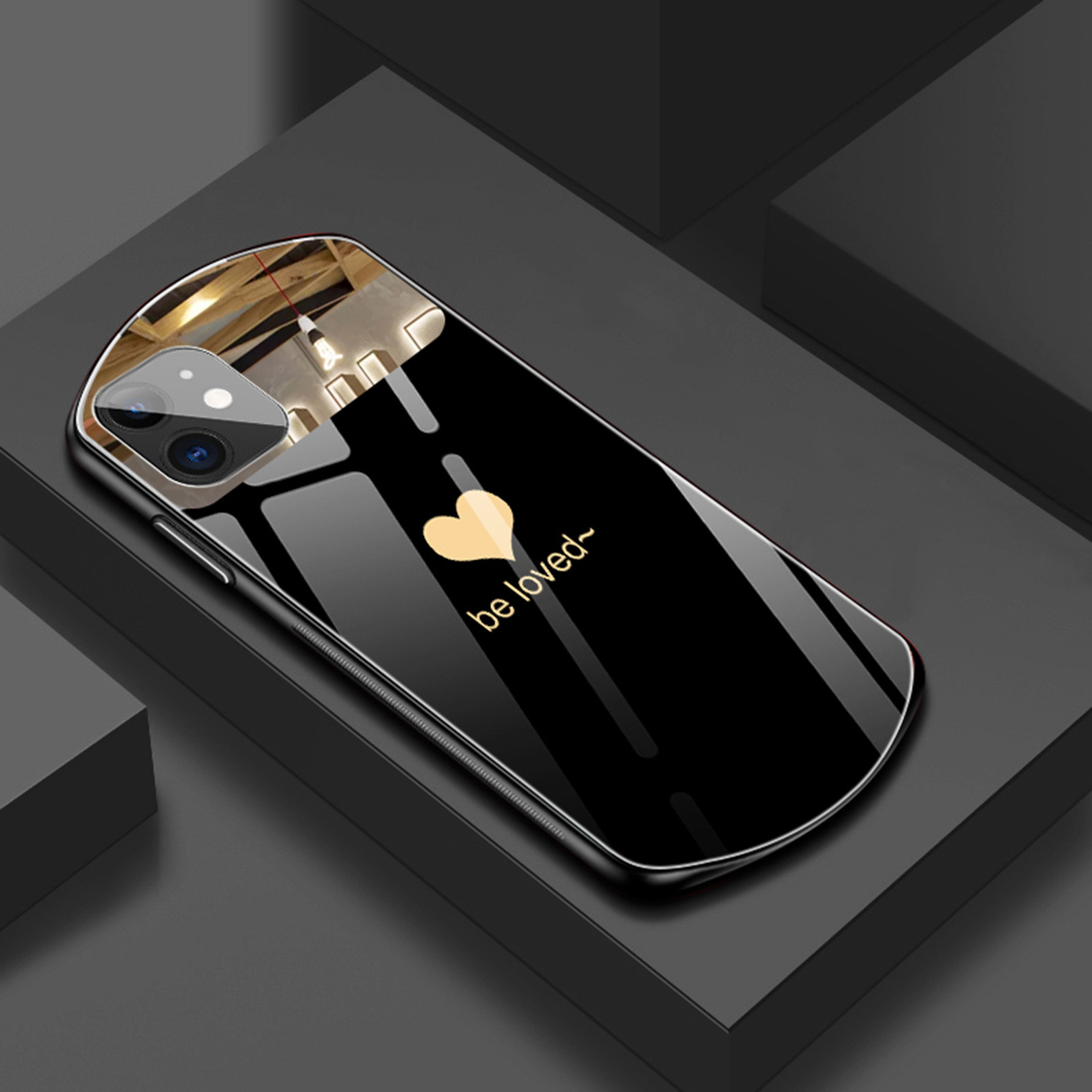 EGNMCR Phone Case Luxury Cute Oval Heart-shaped Tempered Mirror Glass Phone Case For 12 Pro Creative phone -case