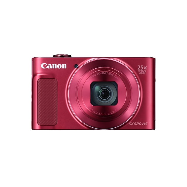 Canon Powershot SX620 HS Digital Camera in red, front view showing the 25x optical zoom lens with image stabilization, textured grip, and Canon logo, designed for point and shoot photography with built-in Wi-Fi and a 20.2 megapixel sensor, also suitable for capturing detailed travel and event photos.