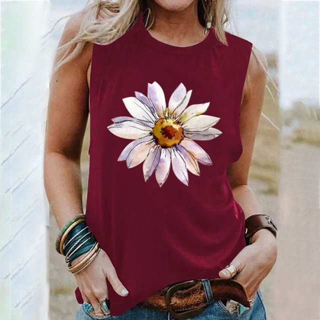 EGNMCR Camisoles pour Femmes T-Shirt d'Été Décontracté à Imprimé à Col Rond Ample Sans Manches pour Femme