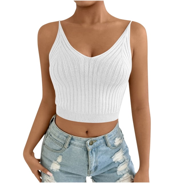 Plebaso Women's V Neck Spaghetti Strap Cami Tops Sleeveless Crop Tank Tops Knit Basic Going out Shirts