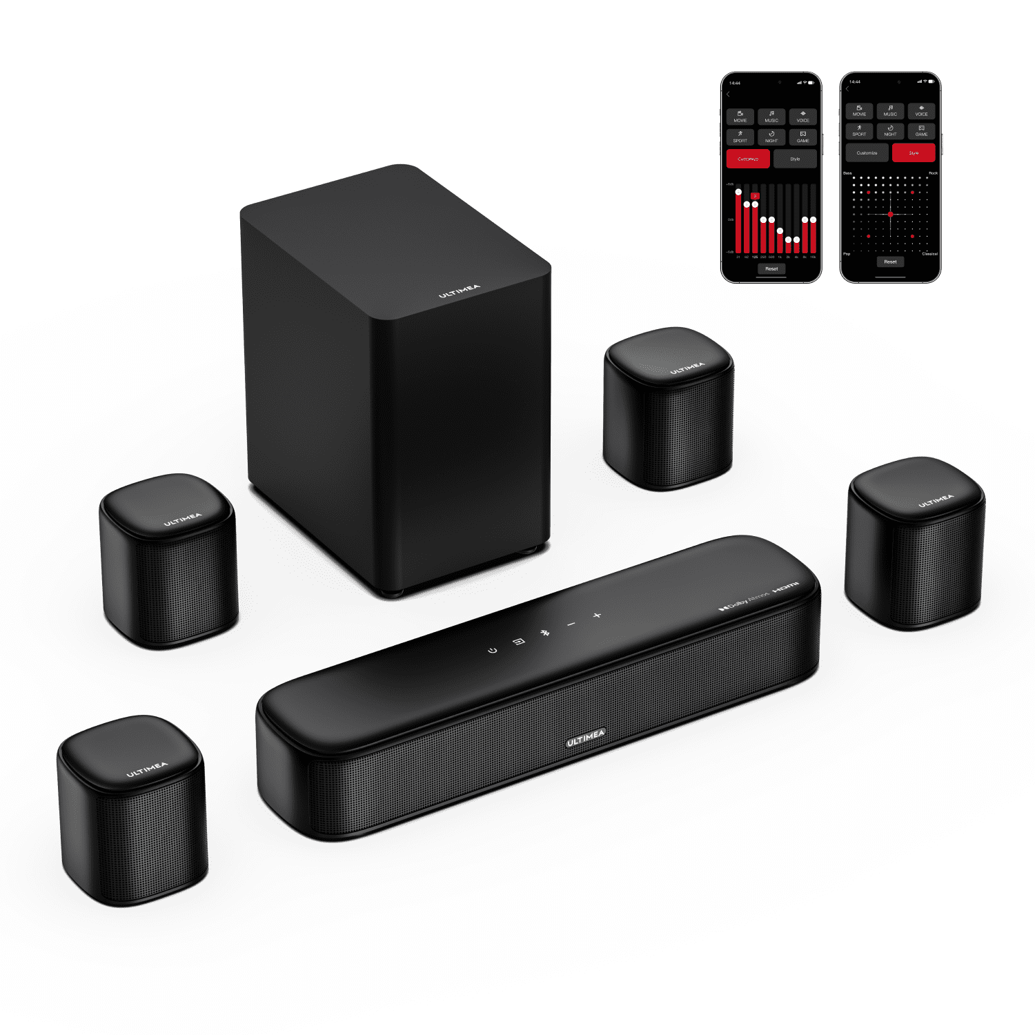 ULTIMEA 7.1ch Sound Bar with Dolby Atmos, Surround Sound System for TV with 4 Surround Speakers, Sound Bar for Smart TV with App Control, Soundbar with Subwoofer for Home Theater, HDMI eARC, Aura A60