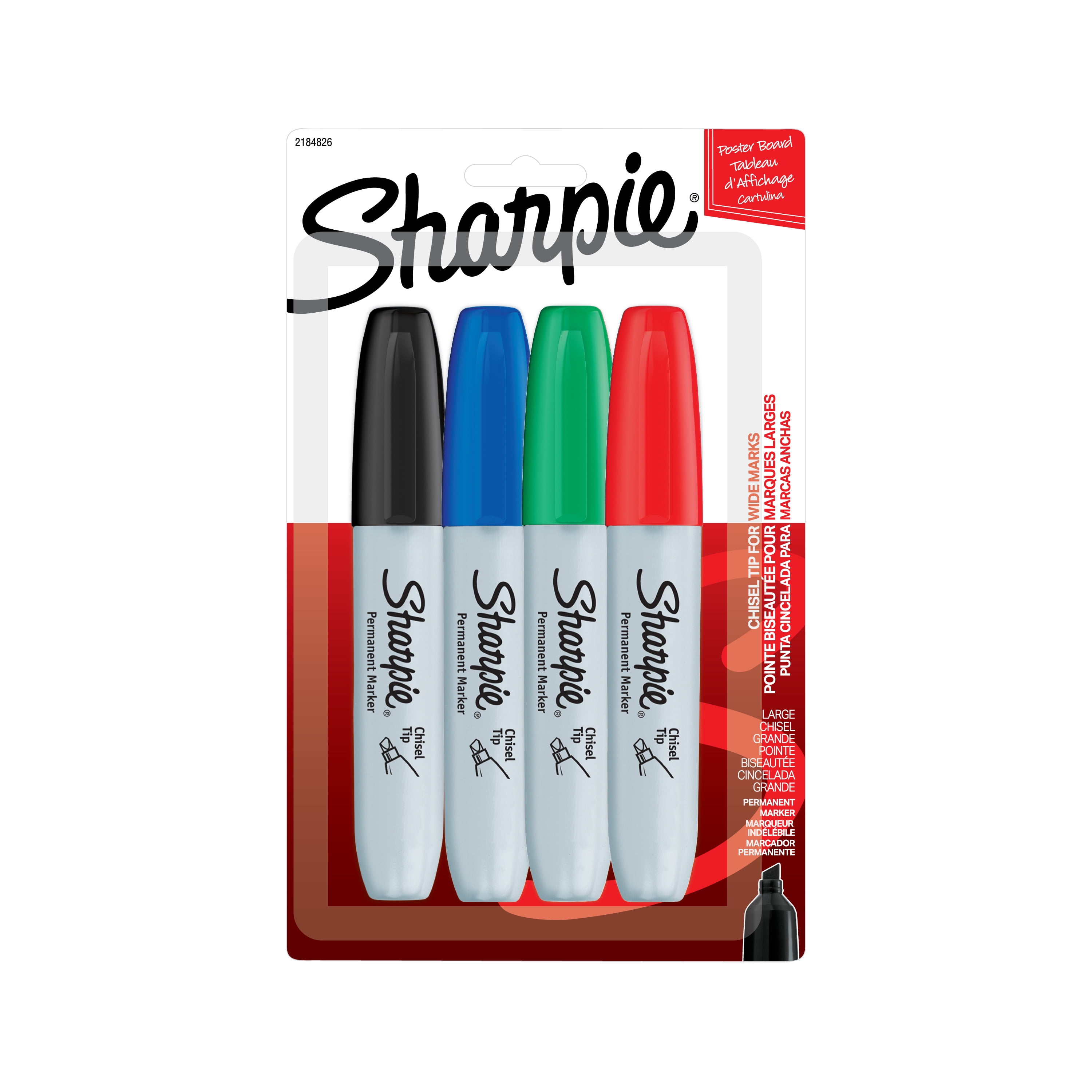 Marqueurs permanents Sharpie, pointe biseautée, couleurs assorties, 4 unités