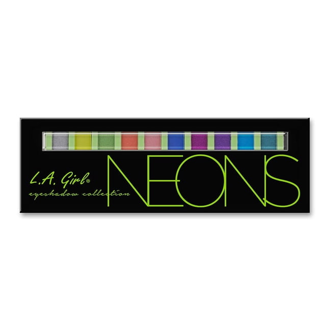 LA Girl Beauty Brick palette de Fards à Paupières Néon Comprenant Douze Teintes Vibrantes et Pigmentées dans un Étui Magnétique Noir Mince avec Fenêtre Transparente, Incluant des Tons Vert, Rose, Violet et Bleu Vifs, Idéale pour un Maquillage des Yeux Audacieux et Adaptée au Contour et à l'Illumination avec Applicateur Inclus.