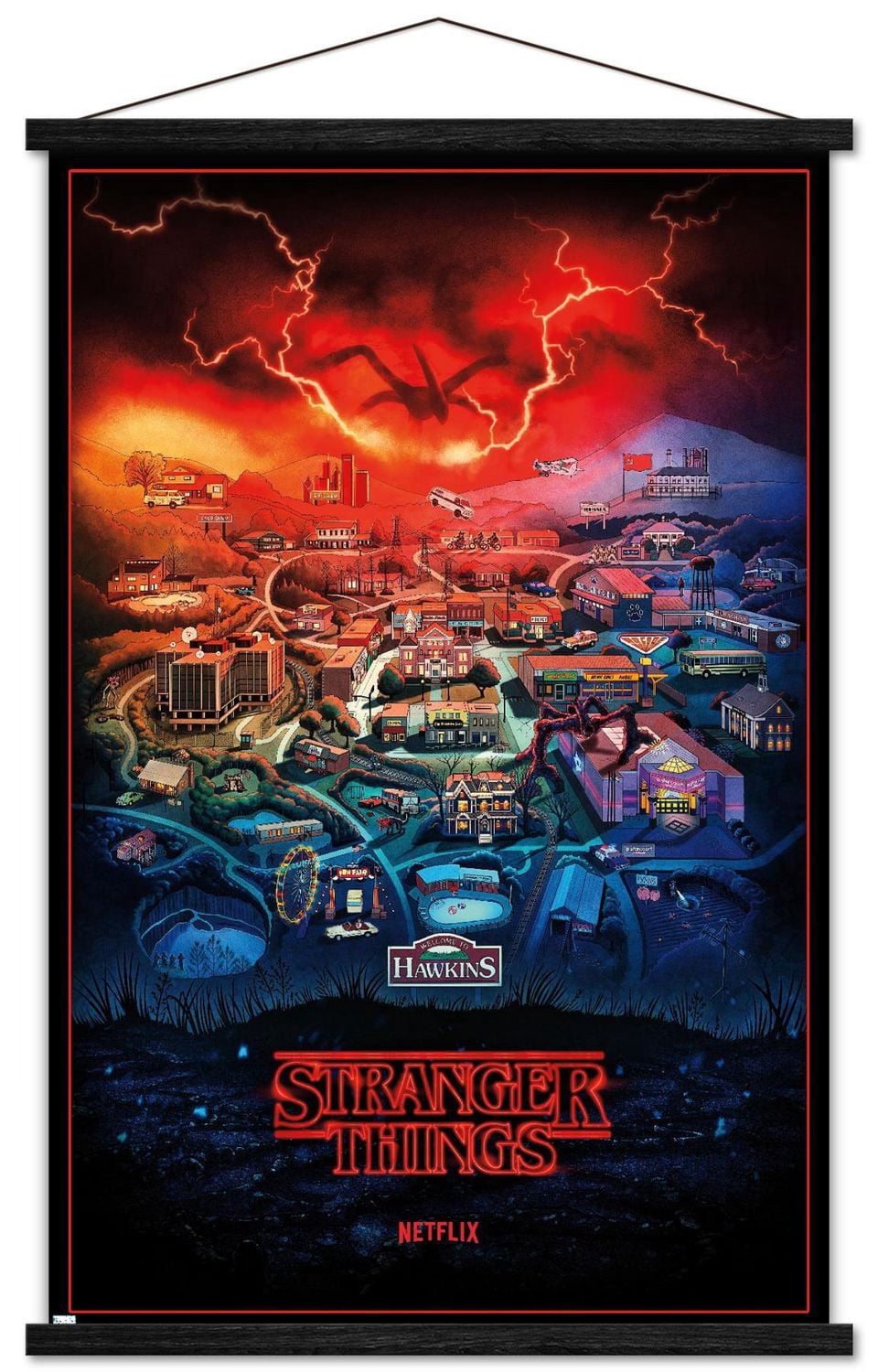 Netflix Stranger Things: Saison 4 – Hawkins, Indiana 22,375" x 34" Affiche Murale avec Cadre Magnétique en Bois de Hêtre, par Trends International